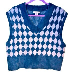 Sincerely Jules‎ Cropped V-Neck Vest Teal and Gray Argyle Size Large